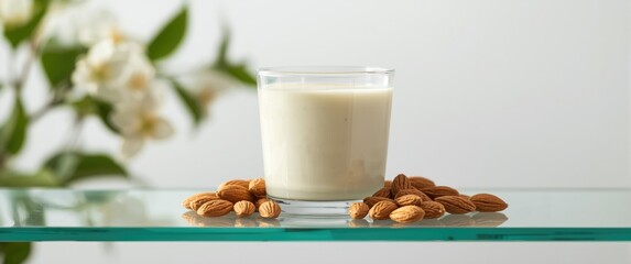 Almond milk without dairy or lactose - Vegan, eco friendly drink with nuts in a glass on a light background