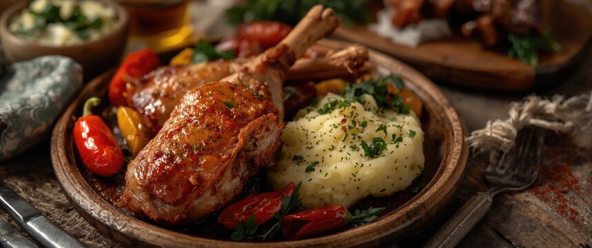 Traditional German dish of pork knuckle accompanied by mashed potato and hot pepper on rustic wooden plate