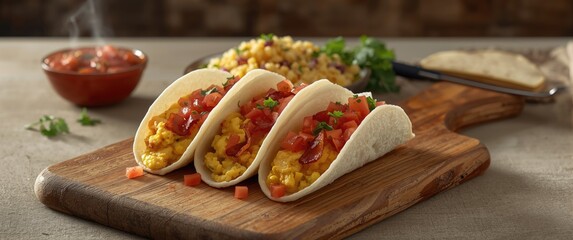 Quick bacon and egg breakfast tacos with taco shells, scrambled eggs, and bacon on flour tortillas