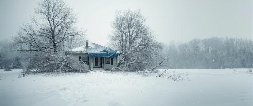 High winds during winter storm damage residential property, fallen trees and branches, roof covered with temporary tarp for repair