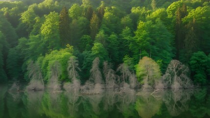 Serene forest landscape with a tranquil lake surrounded by lush trees and foliage reflecting on the water's calm greenish surface in a peaceful natural setting.