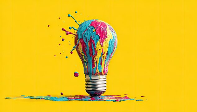 A lightbulb bursts with colorful paint against a vibrant yellow background, creativity concept
