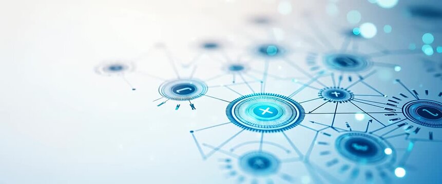 Futuristic digital network interface with dynamic data nodes gently pulsing, as the camera smoothly pans across a high-tech, cinematic backdrop, showcasing innovation and technology.