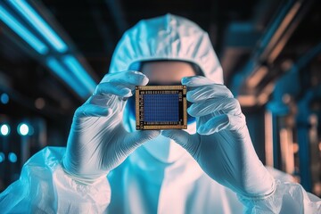 A person in a protective suit holds a computer chip, showcasing advanced technology in a cleanroom environment.