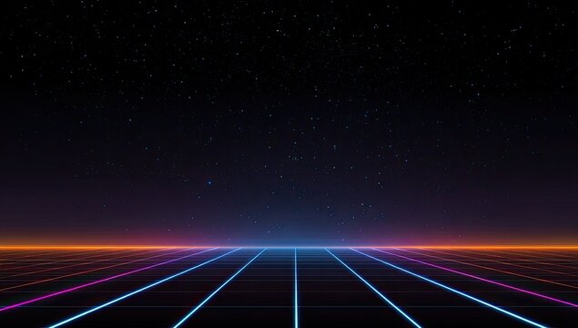 Glowing neon grid lines extend toward a starry sky, creating a retro sci-fi landscape