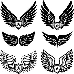 Obraz premium A black vector illustration of flying angel wings with feathered heart inspired design suitable for tattoo or icon