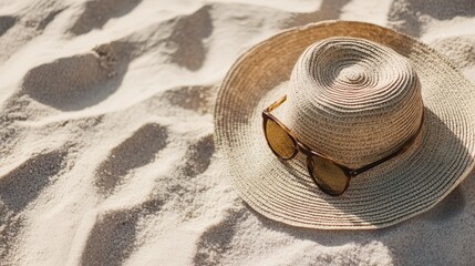 A straw hat with sunglasses rests on soft, golden sand, evoking a relaxing beach atmosphere.