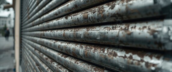 Fototapeta premium Iron blind material featuring used metallic shop curtain texture up close