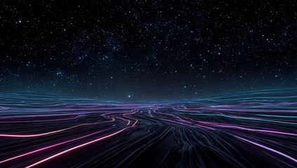 A stylized digital landscape with undulating lines under a starry night sky