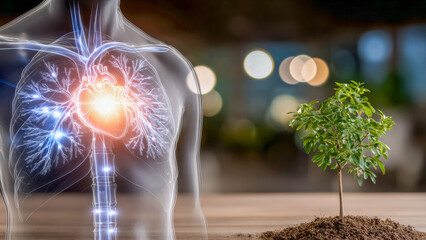 Heart and lungs illuminated within a human figure beside a young tree symbolizing life, health, and nature's connection at dawn in a serene atmosphere