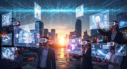 AIzaSyAzSjgftzwTUwsbgCk2T9gFkCxVUcWxqqw of the Future People Interacting with Virtual Reality and Augmented Reality in a Digital Cityscape