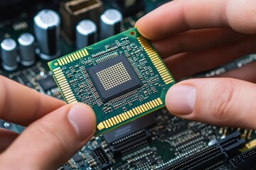 A person carefully holds a computer chip above a circuit board, showcasing intricate electronic components and technology.