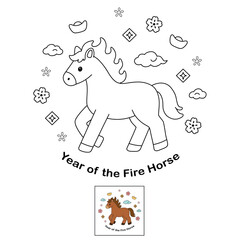 Fototapeta premium Year of the Fire Horse coloring pages. Trace and color horse. Coloring page outline of cute horse. Wild animals horse coloring pages worksheets printable for kids, Kindergarten and preschool activity.