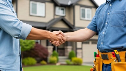 Handshake between client and contractor in front of new home