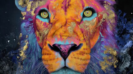Colorful Lion Portrait with Abstract Background and Artistic Flair