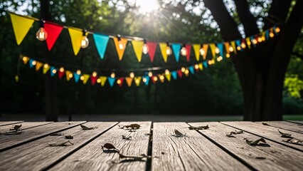 Colorful bunting and string lights adorning a wooden deck in a serene forest setting
