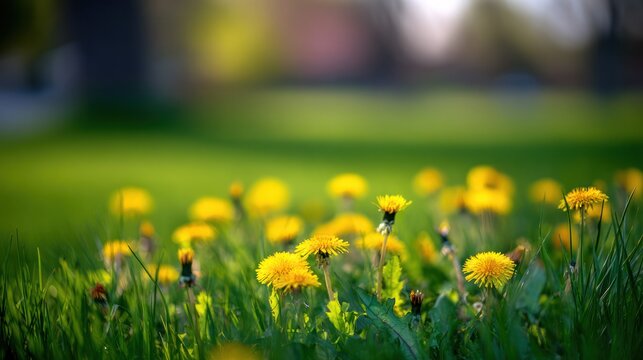 Edge of a manicured lawn with bright yellow dandelions and wildflowers growing. gardening catalogs, home-decor guides, designed for home decor and floral branding, enhances decor appeal.