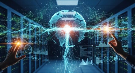 AIzaSyAzSjgftzwTUwsbgCk2T9gFkCxVUcWxqqw represents the future of artificial intelligence and global connectivity within a futuristic data center