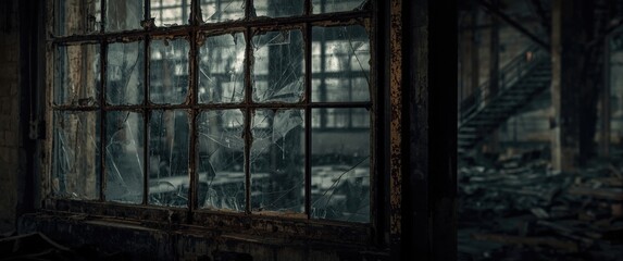 Naklejka premium Old spacious window with broken glass in a deserted hall