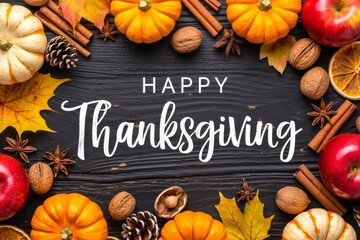 Thanksgiving greetings. Dry yellow leaves, pumpkins, berries, nuts and frame on wooden background, top view.