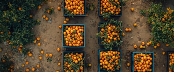 Bird's-eye view of crates filled with freshly picked oranges, showcasing bright hues against the sandy farm terrain and surrounding vegetation