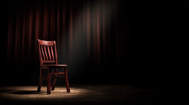 Minimalist theater stage with a lone wooden armchair illuminated by a focused spotlight. event programs, museum guides, designed for cultural heritage exhibitions and performing arts archives.