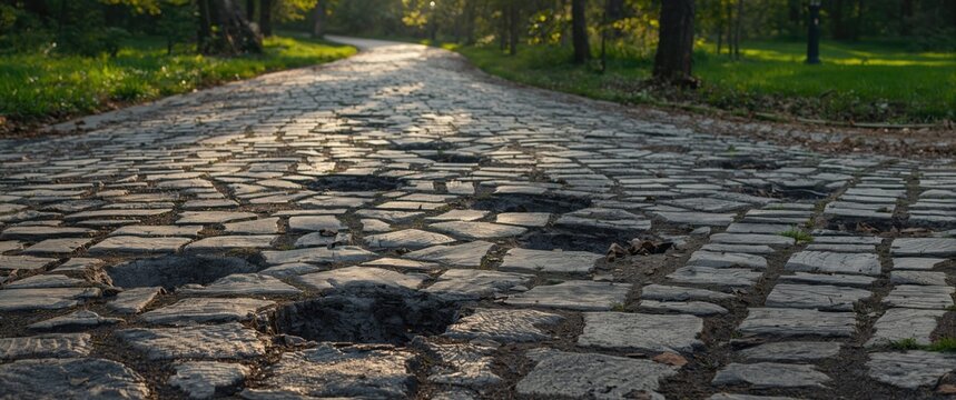 Poor quality pedestrian street paved with stones, filled with potholes, including street and park features