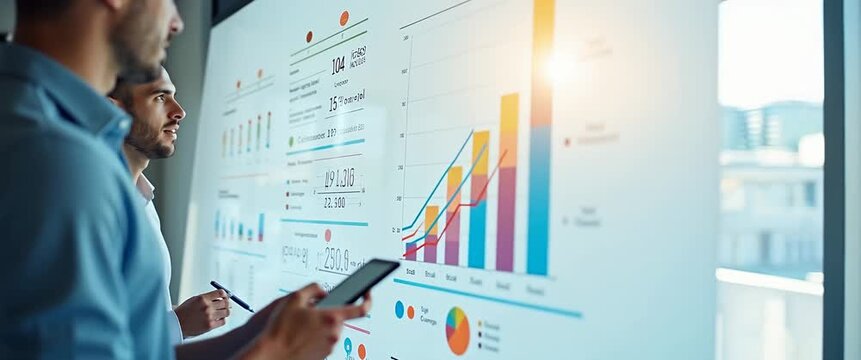 Business professionals analyze data on a digital whiteboard, with charts and graphs dynamically updating; camera smoothly pans to capture strategic insights in a modern office setting, cinematic style