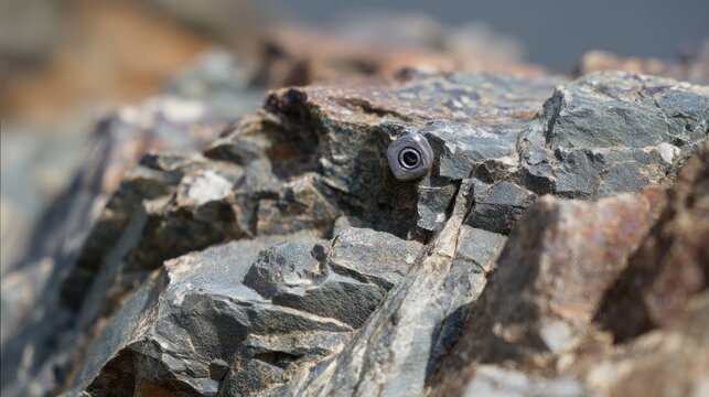 Close-up of a rugged rock wall with a single metal piton as focal point. lifestyle magazines, social media lookbooks, designed for lifestyle magazines and social media content.