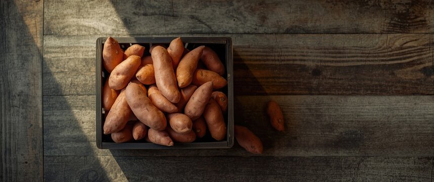 Sweet potatoes in crate on wooden table, fresh and raw, closeup