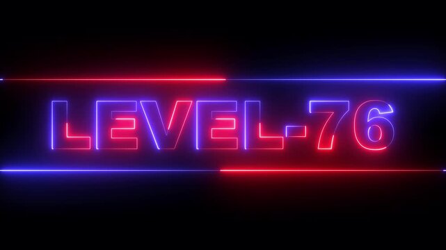 glowing neon Level-76 text inside a horizontal banner on black background. level 76 text icon animation. Neon level up sign. neon next Level text. Game concept next level. 4k video animation.