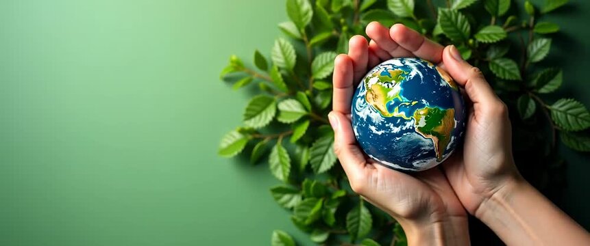 Hands cradle a small globe against a backdrop of green leaves, with gentle leaf swaying and a slow camera pan, creating a serene, cinematic environmental scene.