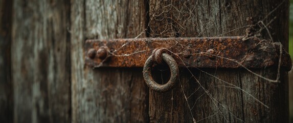 Close-up shot of a corroded metal bolt on weathered wooden garden gate
