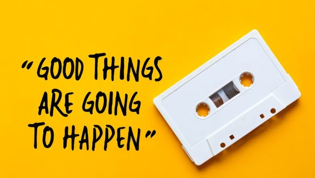 White cassette tape is on a yellow background with the words Good things are going to happen written below it.