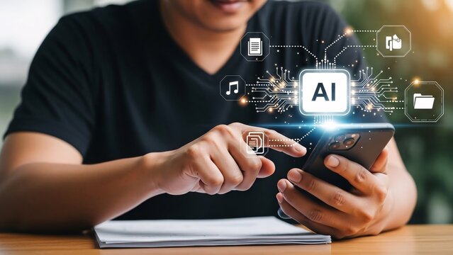 Individual engaging with smartphone utilizing artificial intelligence technology