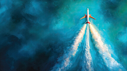 Airplane Ascending Through Blue Sky with Vapor Trails.