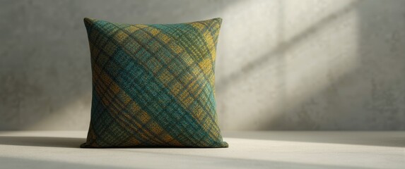 Fabric featuring a square pattern with straight lines and checkered motifs, multi-colored and alternating, set against an abstract background