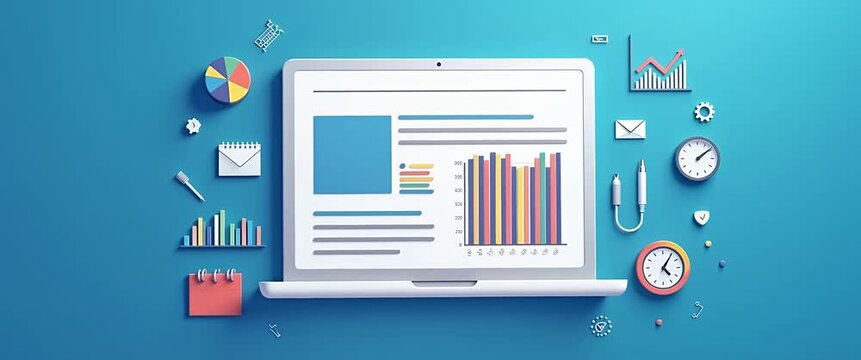 Laptop screen displays dynamic charts and graphs as camera slowly pans across a minimalist office desk with ambient lighting creating a professional, cinematic business analysis scene.