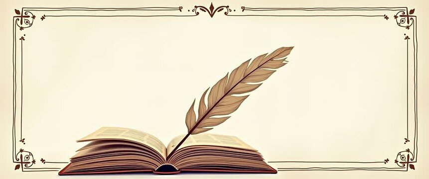 Rustic quill pen writes on an open book as the camera gently pans over a vintage parchment background, creating a cinematic atmosphere with subtle ambient motion for a historical narrative.