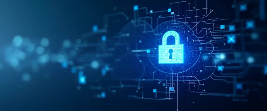 Cloud security animation with digital lock icon subtly pulsating, as a slow camera pan reveals a futuristic network background, in a sleek, cinematic style.