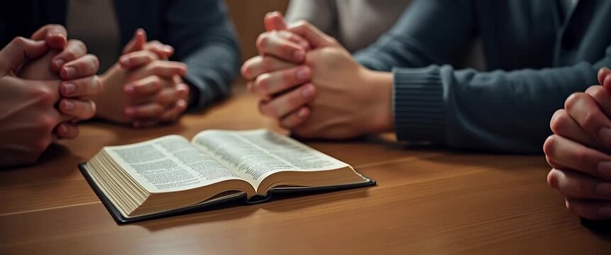 Hands clasped in prayer around open books in a serene setting, with sunlight streaming through a window; the camera slowly pans across the scene, capturing a peaceful, cinematic ambiance.