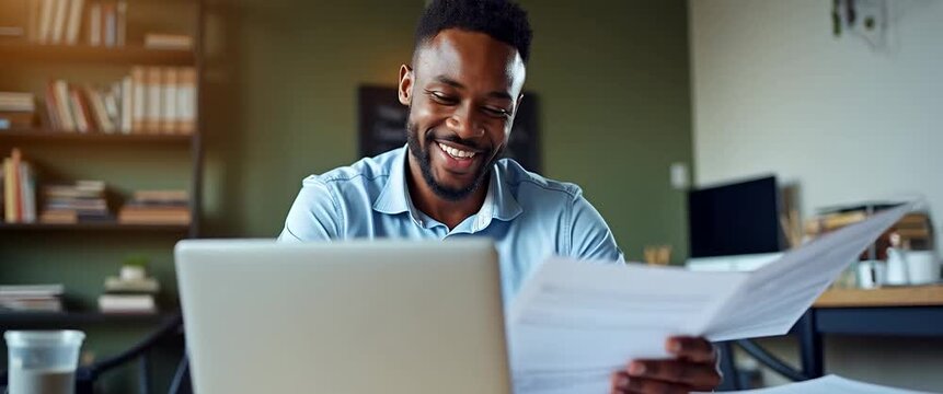 Smiling businessman in modern office reviewing documents with ambient light flicker, slow camera pan, creating a professional, engaging, cinematic atmosphere for corporate success.