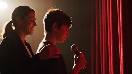 Teacher encouraging student before performance slow motion motivation support school stage background copy space success confidence speech