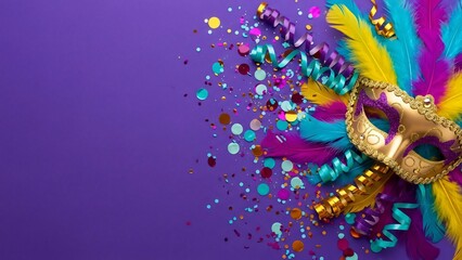 Vibrant masquerade mask amidst celebratory confetti