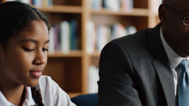 School principal talking to student slow motion education leadership guidance mentorship professional background copy space discipline conversation success motivation