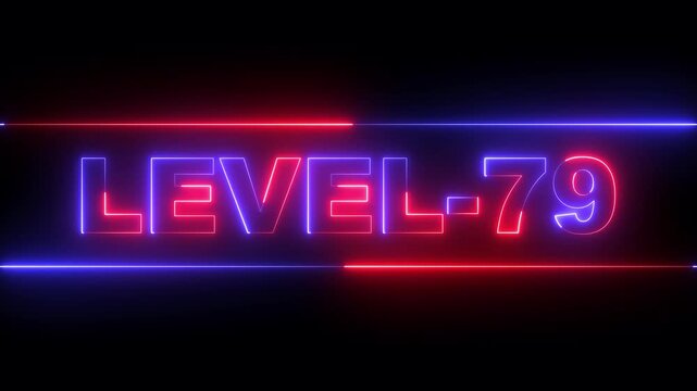 glowing neon Level-79 text inside a horizontal banner on black background. level 79 text icon animation. Neon level up sign. neon next Level text. Game concept next level. 4k video animation.