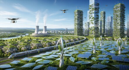 AIzaSyAzSjgftzwTUwsbgCk2T9gFkCxVUcWxqqw Futuristic City with Green Technology and Drones