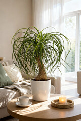 Ponytail palm plant decorating modern cozy living room interior