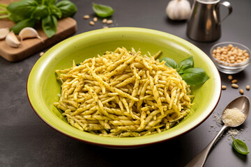 Trofie pasta with pesto sauce, Ligurian Italian cuisine