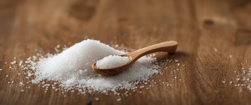 Table featuring coarse salt crystals alongside a wooden spoon, perfect for salty-themed advertising backgrounds